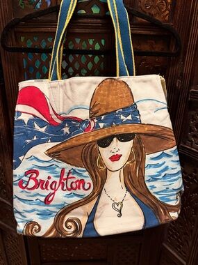 Brighton Canvas Tote with Patriotic Beach Illustration - Blue, Red, Tan, White